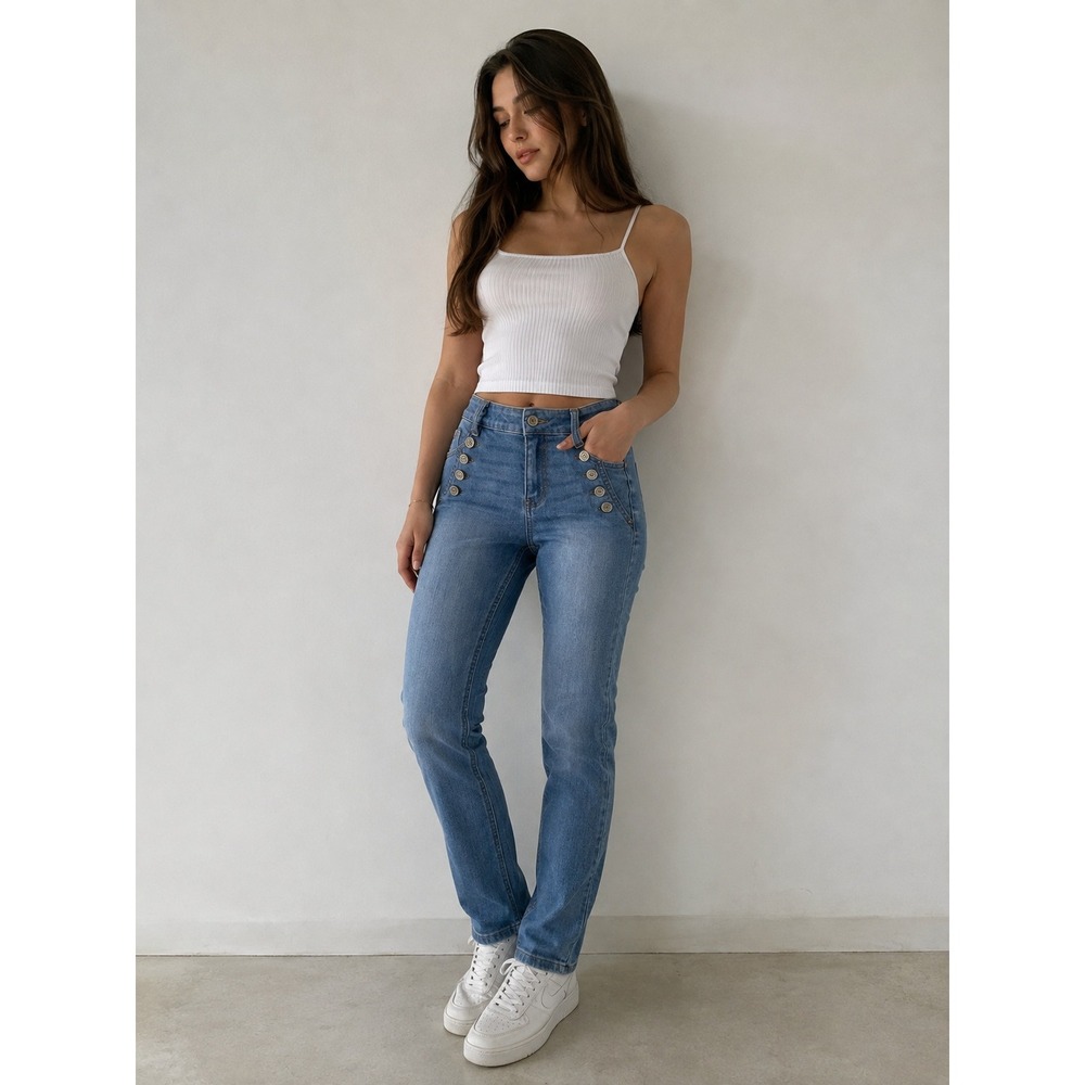 ENJEAN Denim Co Women Skinny Jeans 3 Blue Sailor Button Front Casual Indie Y2K